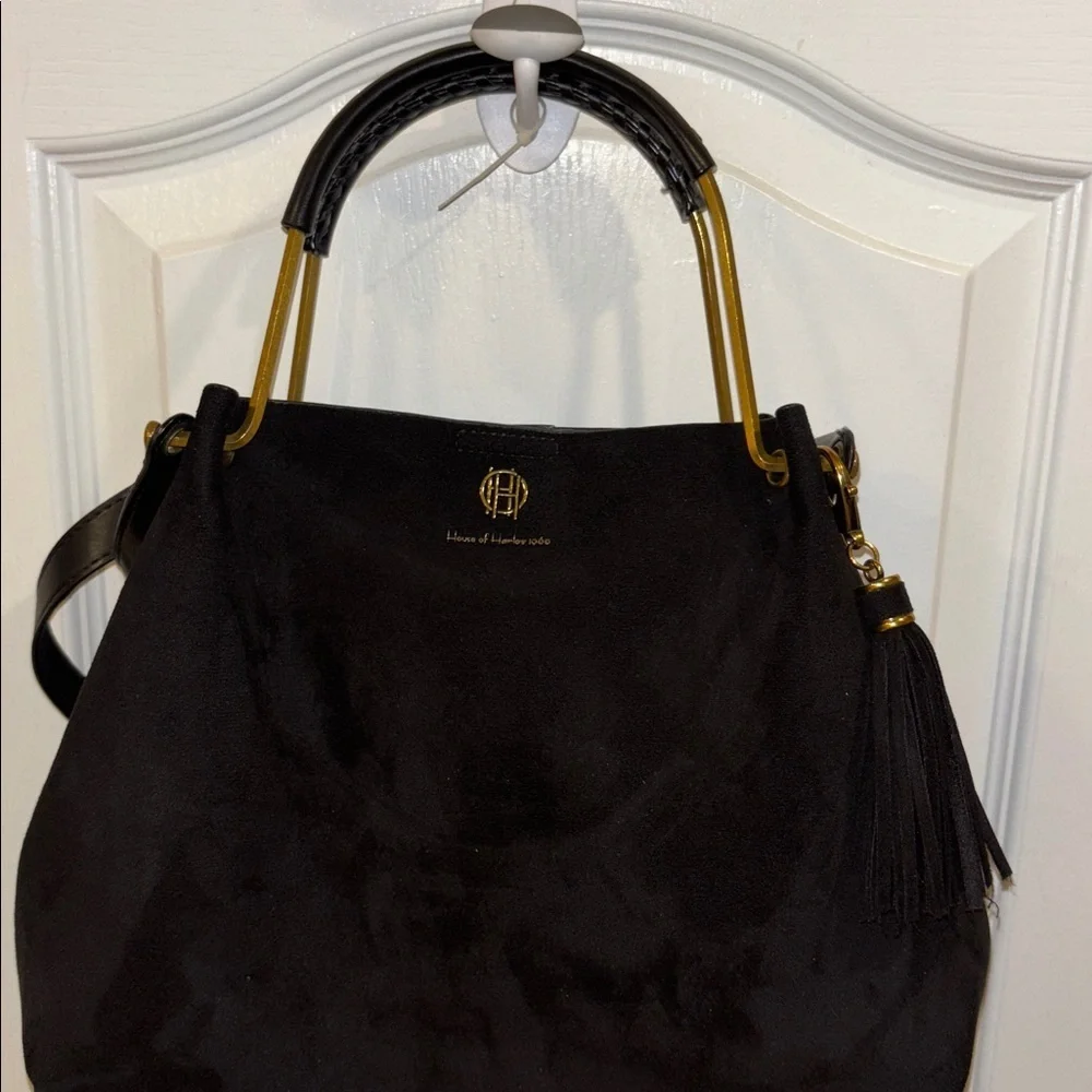 HOUSE OF HARLOW 1960 BLACK SUEDE BAG W/ SHOULDER STRAP GOLD/BRASS TONED HANDLE